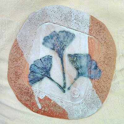 Ginkgo Plate approx 20x20cm Ash glazed stoneware with imprints of this prehistoric plant leaves.