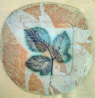 Rubus Leaf Plate: ash glazed stoneware with colouring oxides