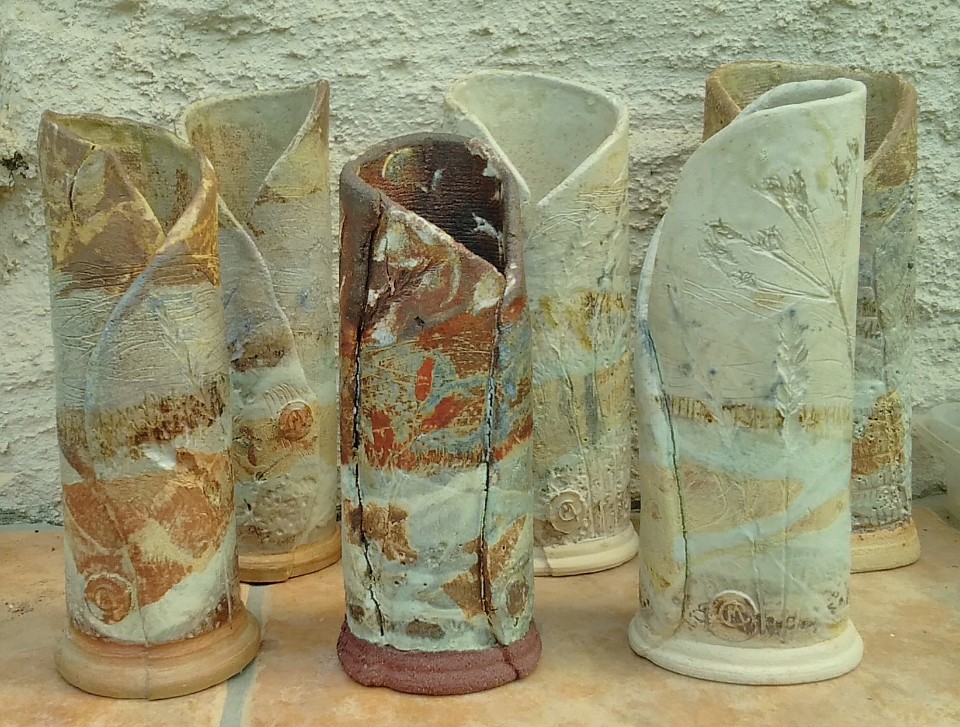 Landscape Pots 2023 - ash glazed stoneware showing effect of different coloured clay bodies, approx 25cm tall