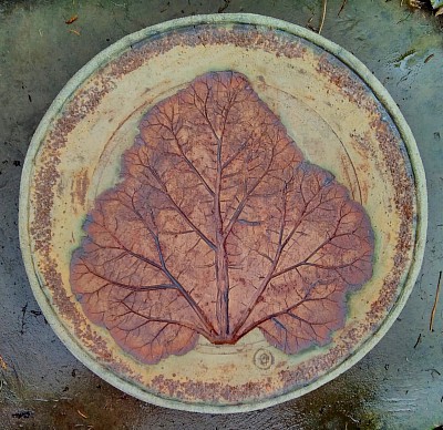 Rhubard Leaf Platter approx 45cm diam - ash glazed stoneware and local ochre